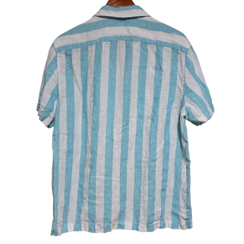J. Crew Short Sleeve Linen Camp Collar Shirt in Cerulean Stripe Size Large